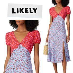Likely, Raffa Floral Puff Sleeve‎ Midi Slit Dress, Red, Light Blue Colorblock
